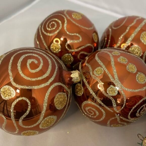 6 Gold Bronze Glitter Embellished Glass Ornaments 5" Excellent condition - no cr - Picture 2 of 2